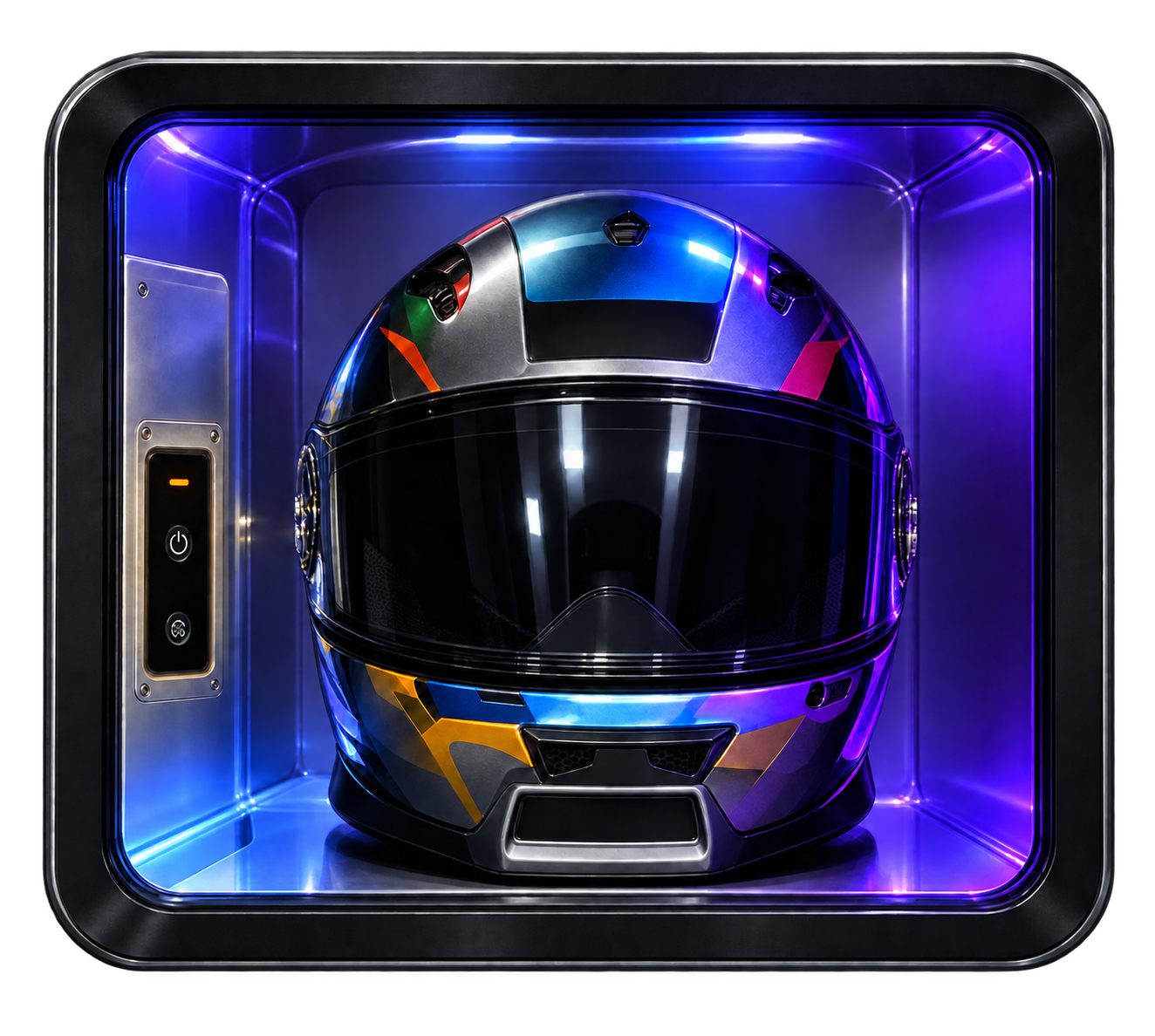 Helmet inside an illuminated cleaning chamber